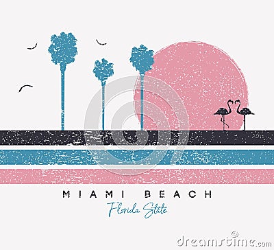 Miami Beach, Florida t-shirt design with flamingo and palm trees. Typography graphics for t shirt with stripes and grunge. Vector Illustration